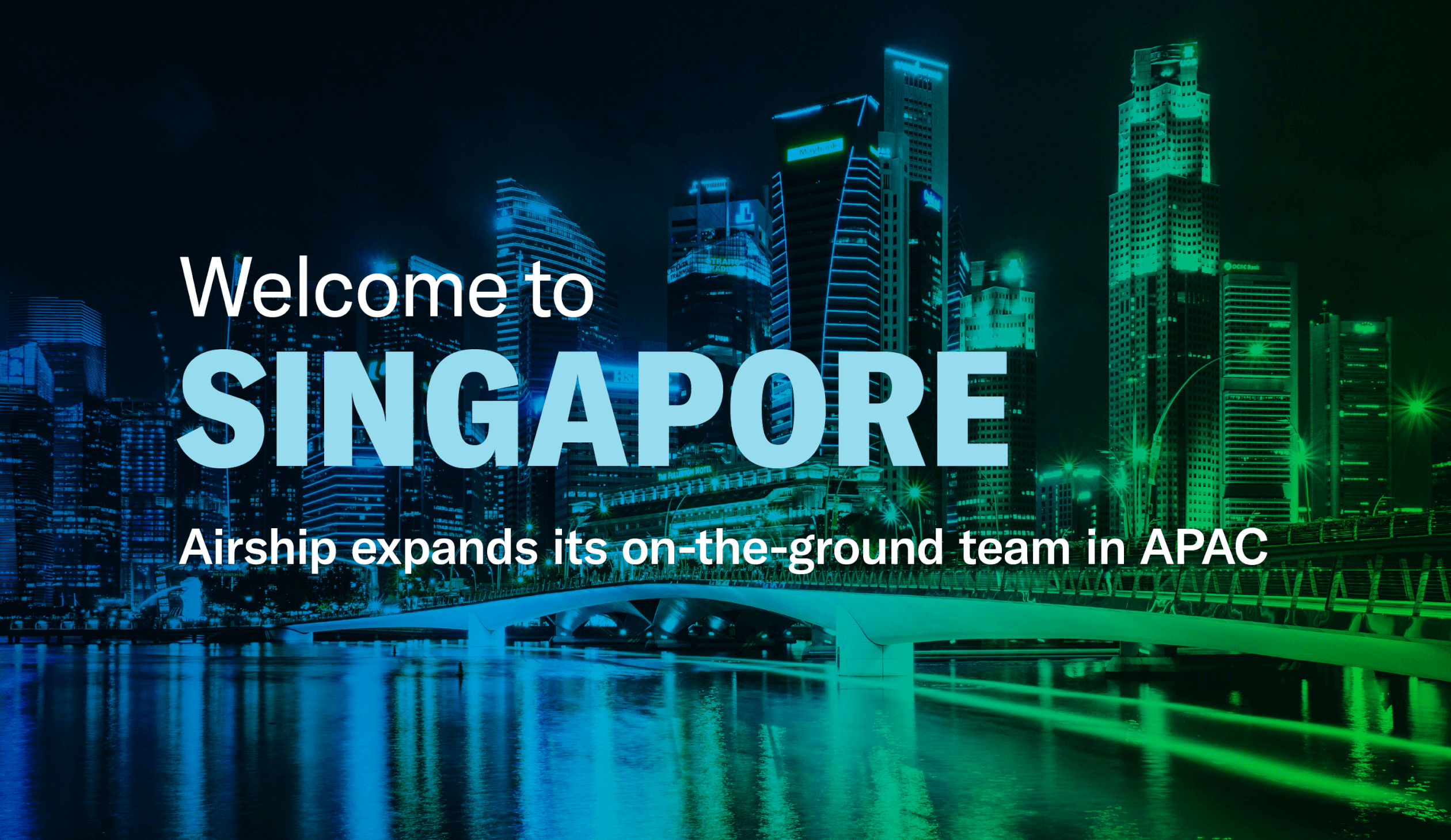 green and blue hued skyline of Singapore